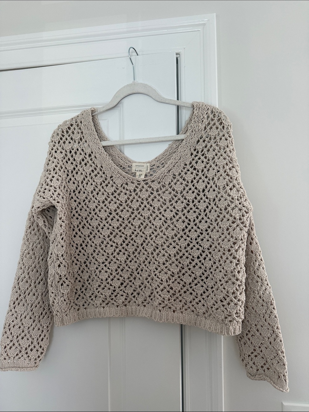 Open-Knit V-Neck Sweater in Light Taupe